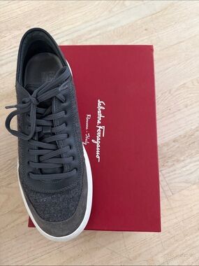 Salvatore Ferragamo Men’s Gray Leather and Suede Sneaker with White Sole